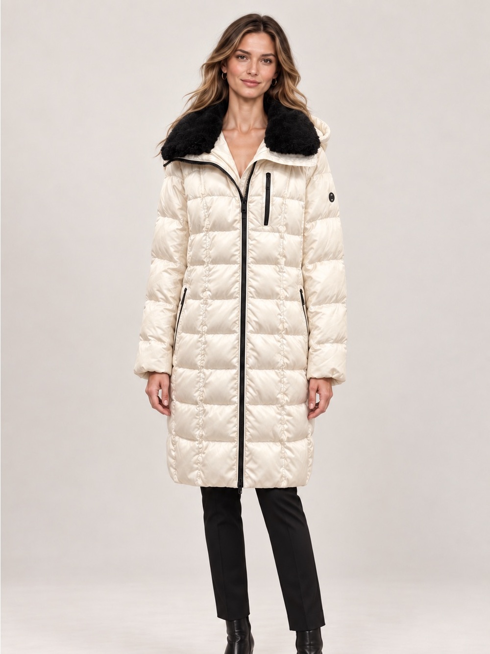 MICHAEL Michael Kors Ivory Down Puffer Coat Large Hooded Black Faux Fur Collar